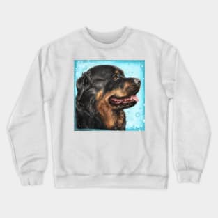 Painting of an Adorable Rottweiler with Its Tongue Out, Light Blue Spattered Background Crewneck Sweatshirt